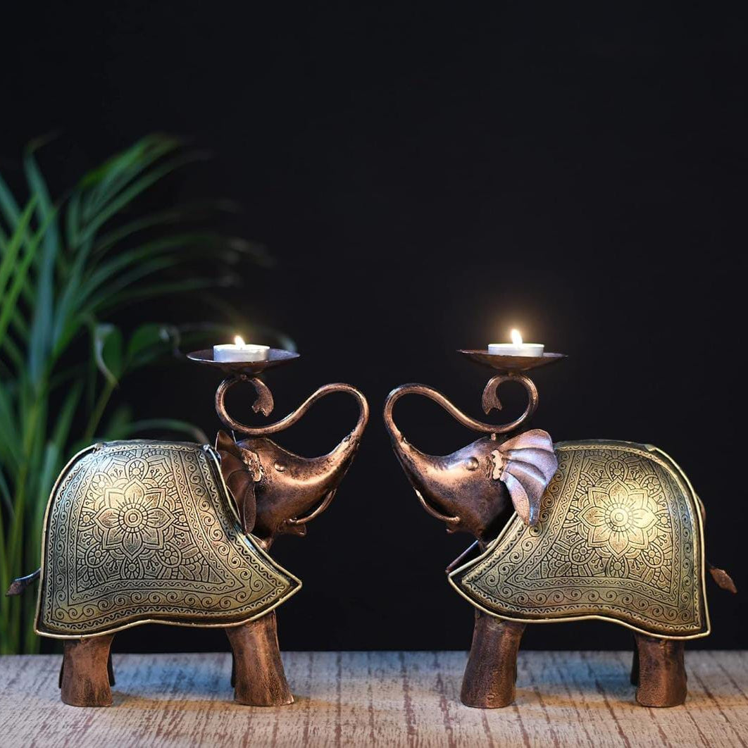 Artisan-Crafted Elephant Tea Light Duo - ShreejaKriti