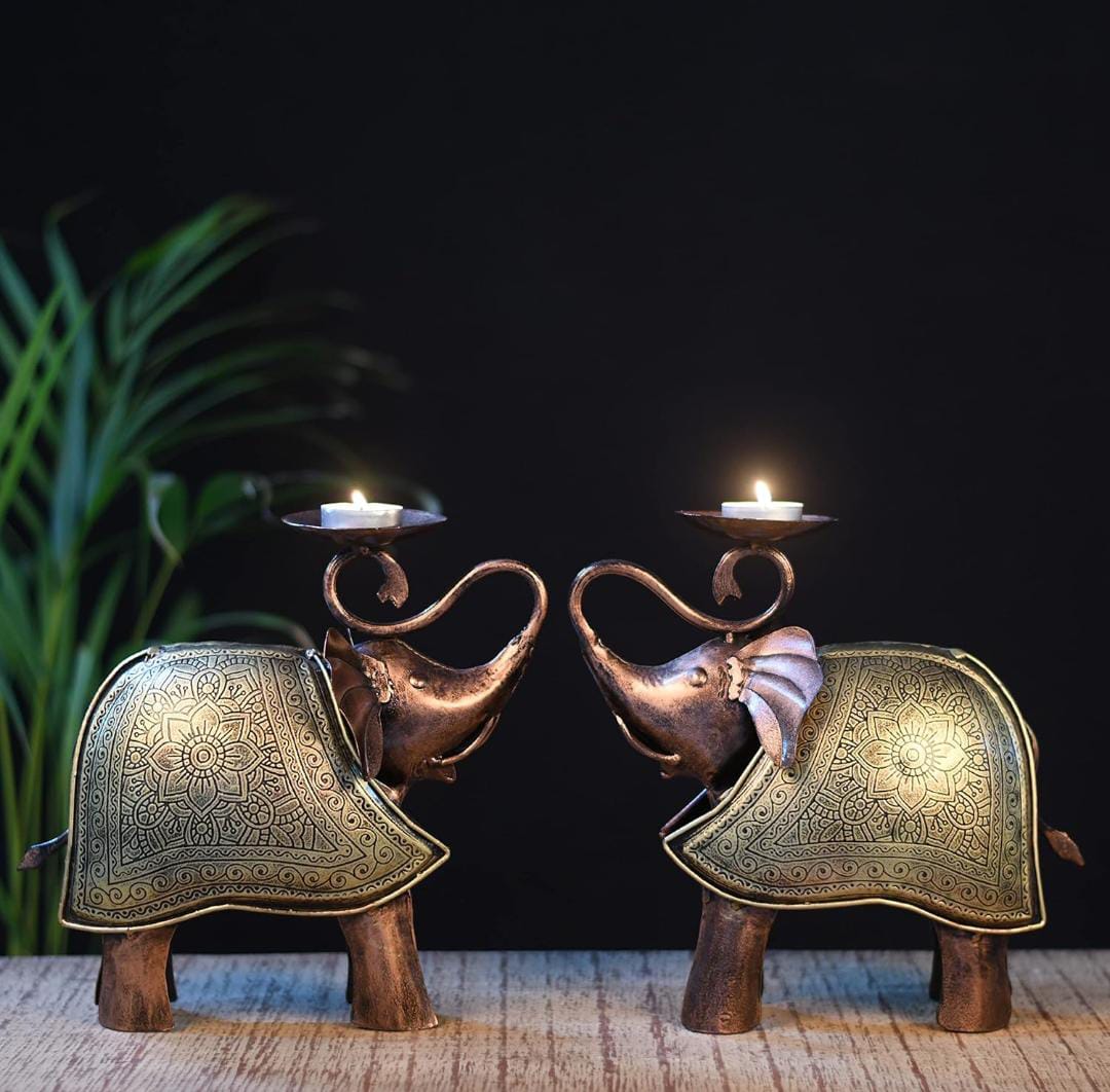 Artisan-Crafted Elephant Tea Light Duo - ShreejaKriti