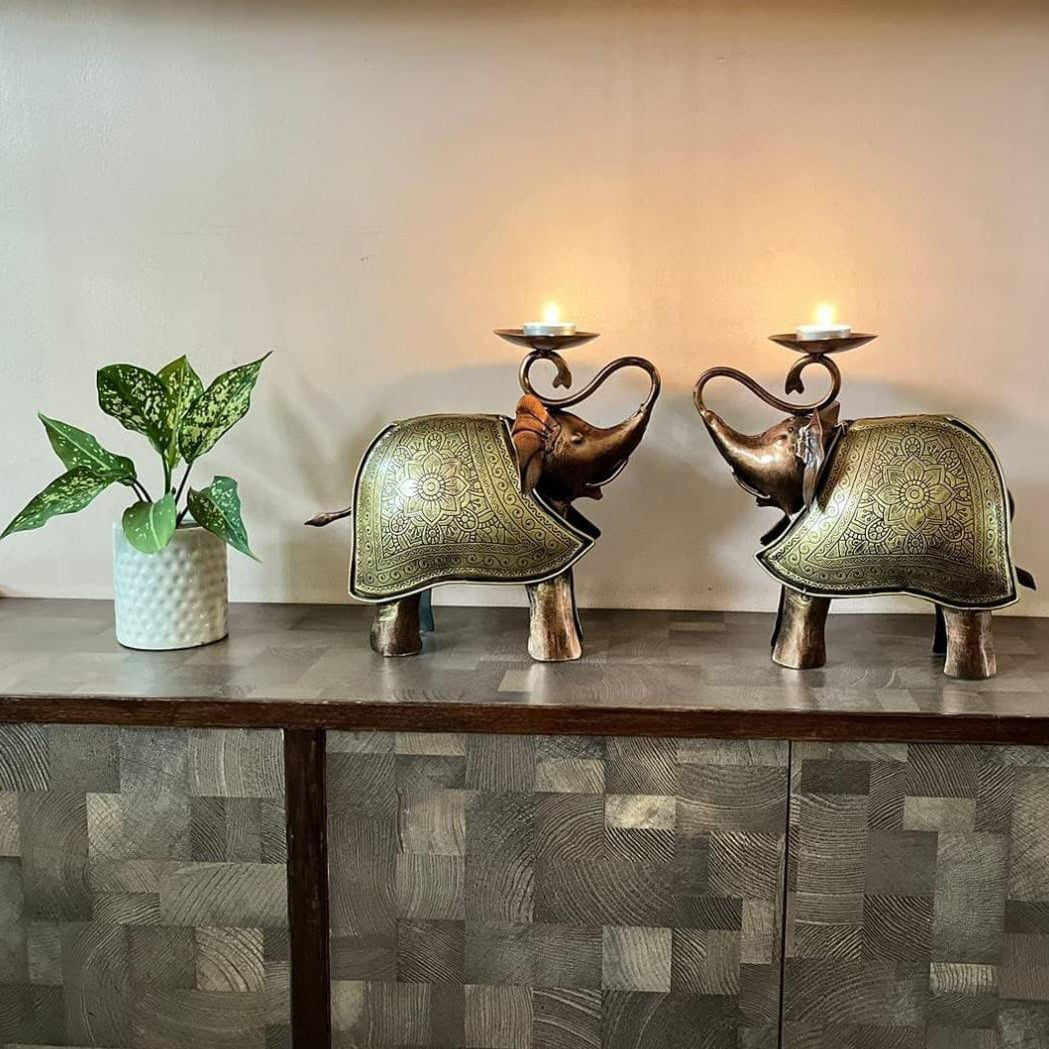 Artisan-Crafted Elephant Tea Light Duo - ShreejaKriti