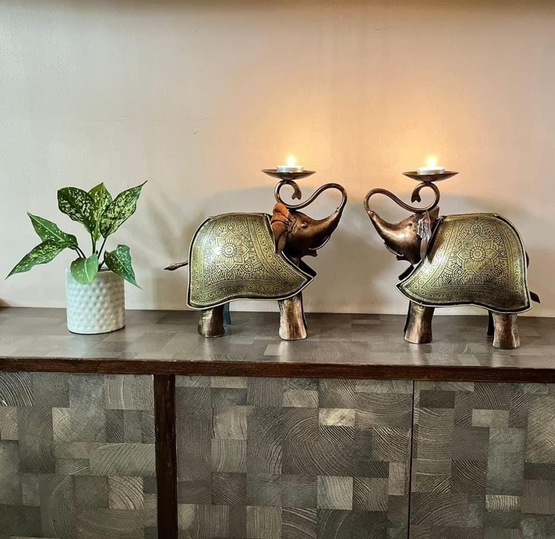 Artisan-Crafted Elephant Tea Light Duo - ShreejaKriti
